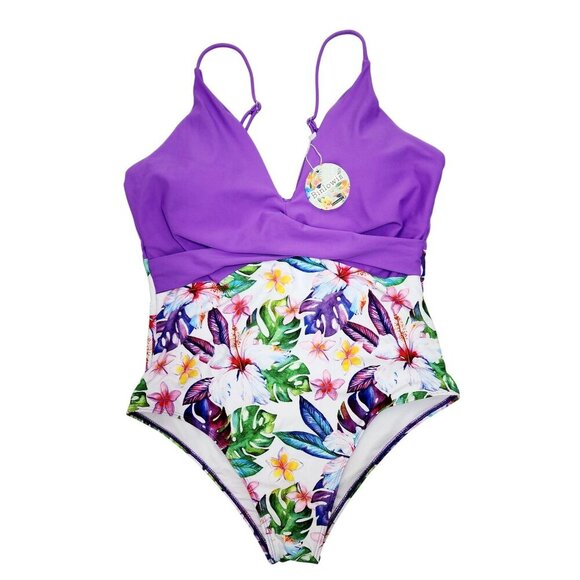 Womens Purple Floral One-Piece Swimsuit Binlowis Size XL Adjustable Straps - Picture 10 of 10